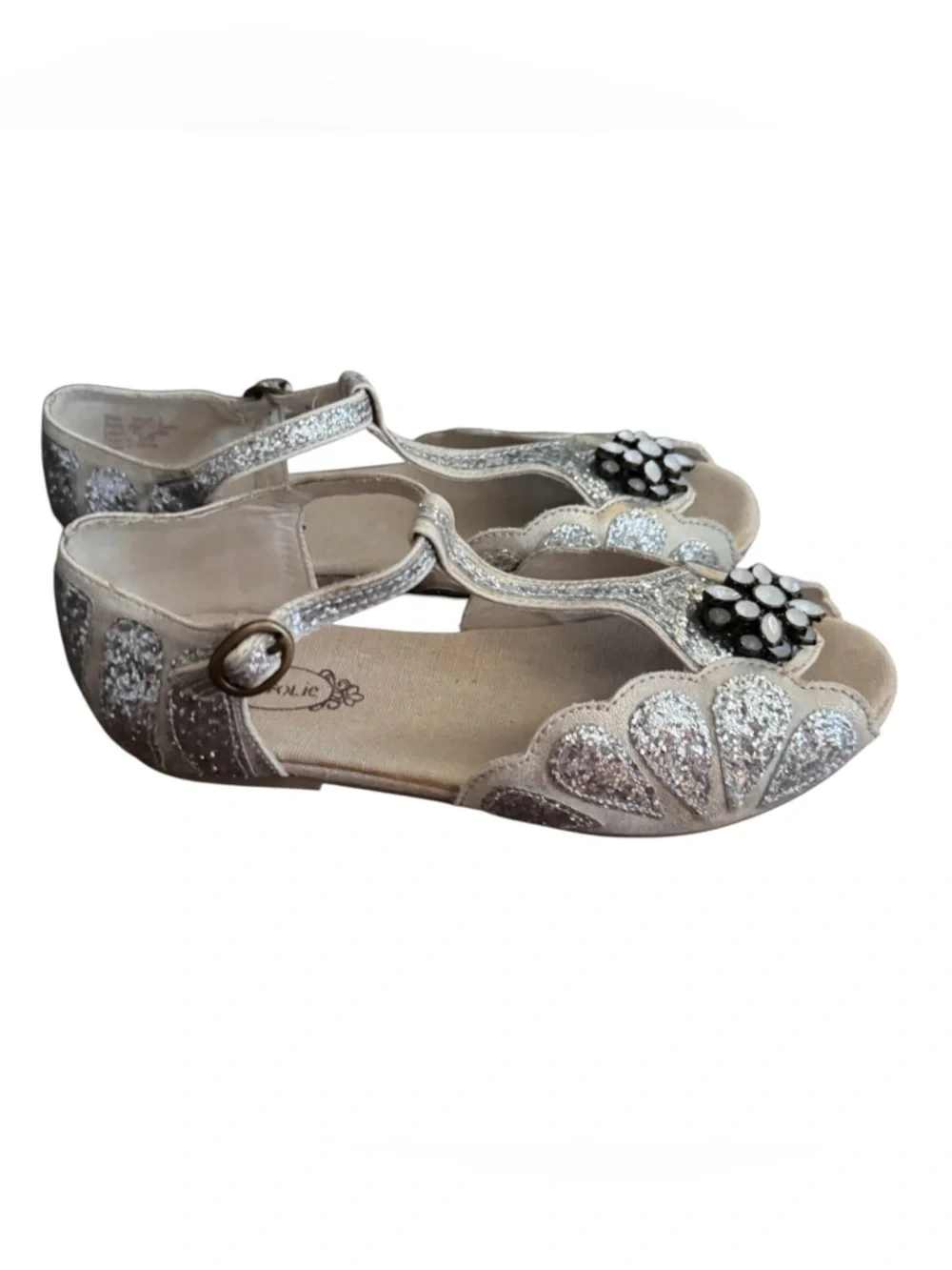 Joyfolie Silver Glitter T-Strap Sandals with Floral Jewel Accent, Size Youth 3